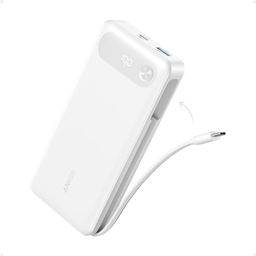 Anker Power Bank, 20,000mAh Travel Essential, Built-in USB-C Cable(White)