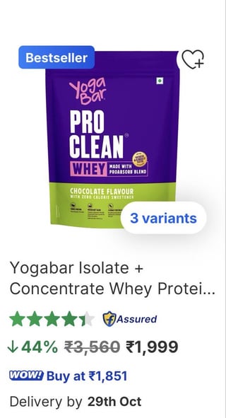 Yogabar Whey Isolate+Concentrate 907g for 1850/kg on Flipkart