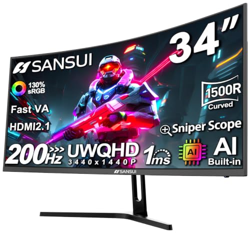 SANSUI 34-Inch Curved Gaming Monitor UWQHD 3440 x 1440P 200Hz Ultrawide
