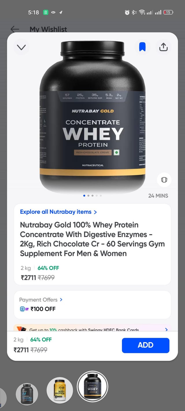 Nutrabay Gold Whey concentrate 2kg @₹2711. Location: Pune