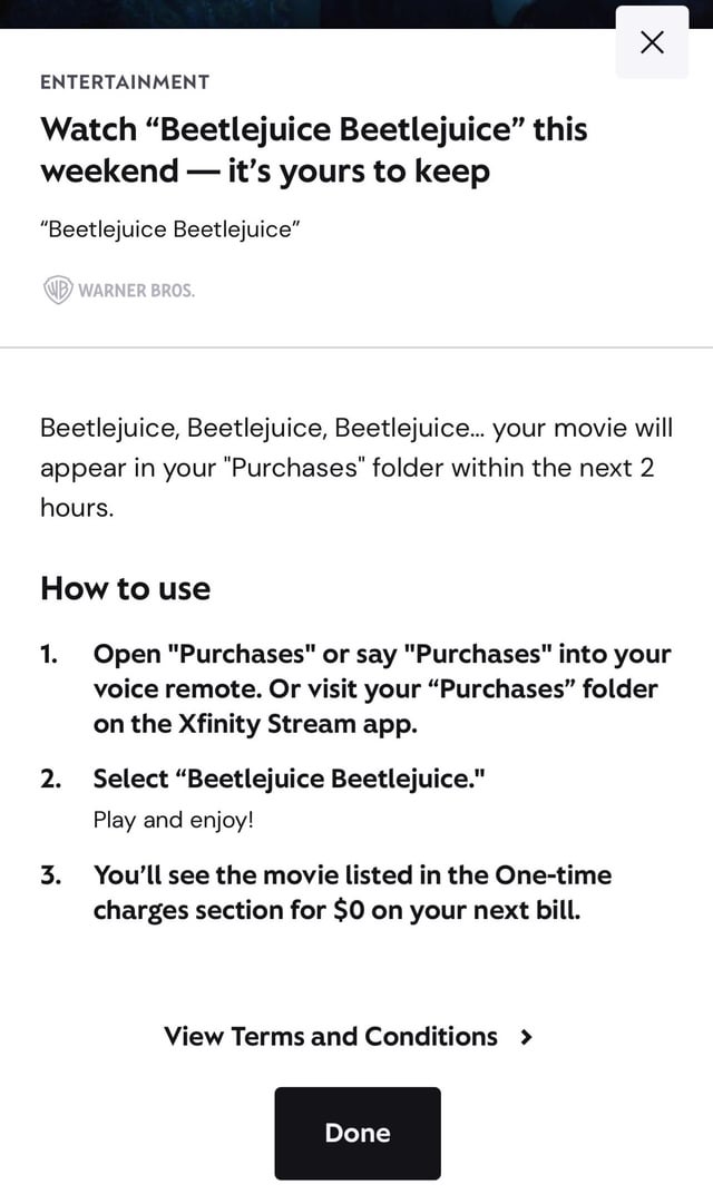 ‘Beetlejuice Beetlejuice’ is available to claim for xfinity rewards members. (Member perk - via xfinity)