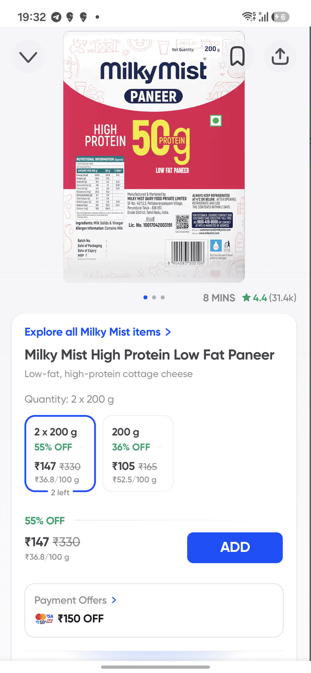 Milky Mist Paneer 50g protein - Instamart. 2 x 200 - ₹147 - Noida 210303