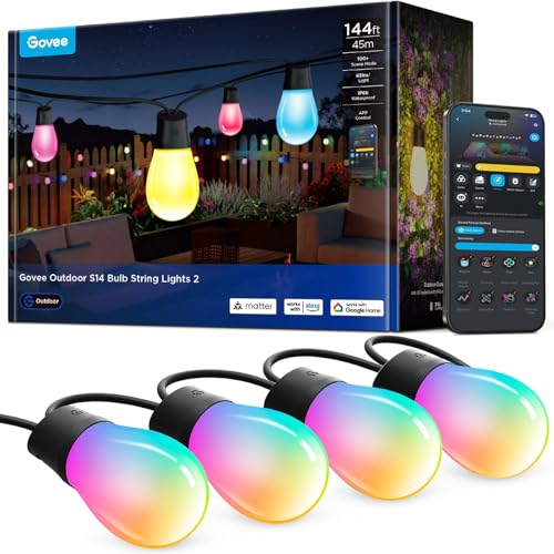 Govee S14 Bulb Outdoor String Lights 2, 144ft RGBICWW, 45 LED Bulbs,