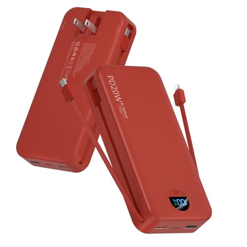 Portable Charger 20000mAh PD20W w/Built-in Cables & Wall Plug Red