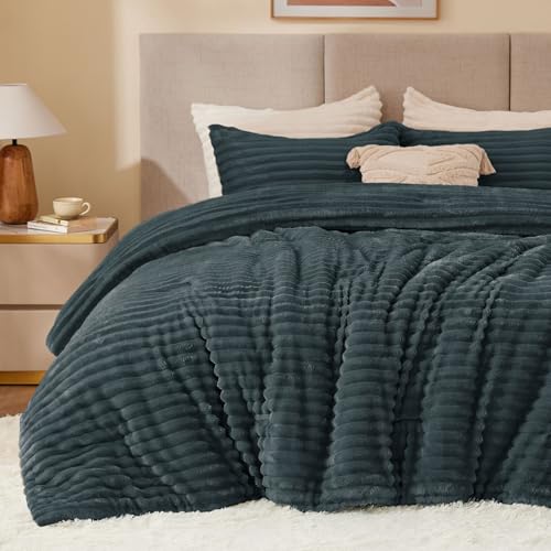 BEDELITE Fleece Queen Comforter Set, Fluffy Bed Set, Dark Grey