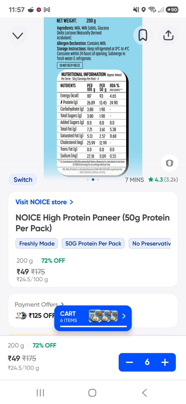 Noice paneer 200grams at 49/- on Swiggy Instamart at Hyderabad.