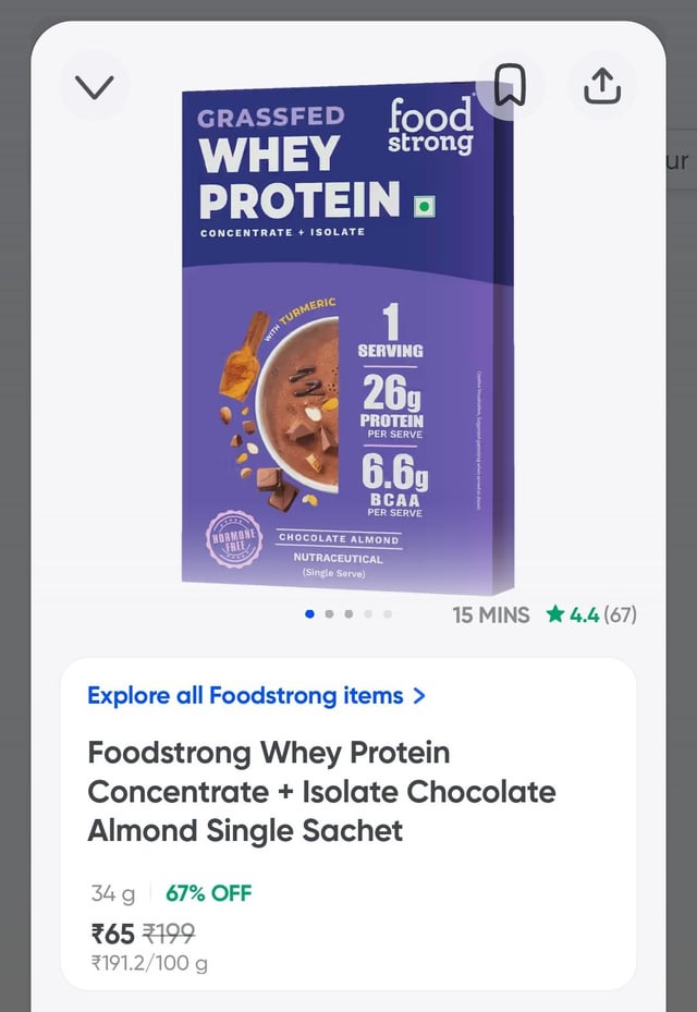 Foodstrong whey protein 34g sachets at ₹65 on Instamart