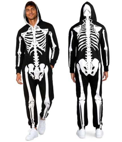 Tipsy Elves Men's Halloween Skeleton Costume Hooded Jumpsuit Adult Onesie