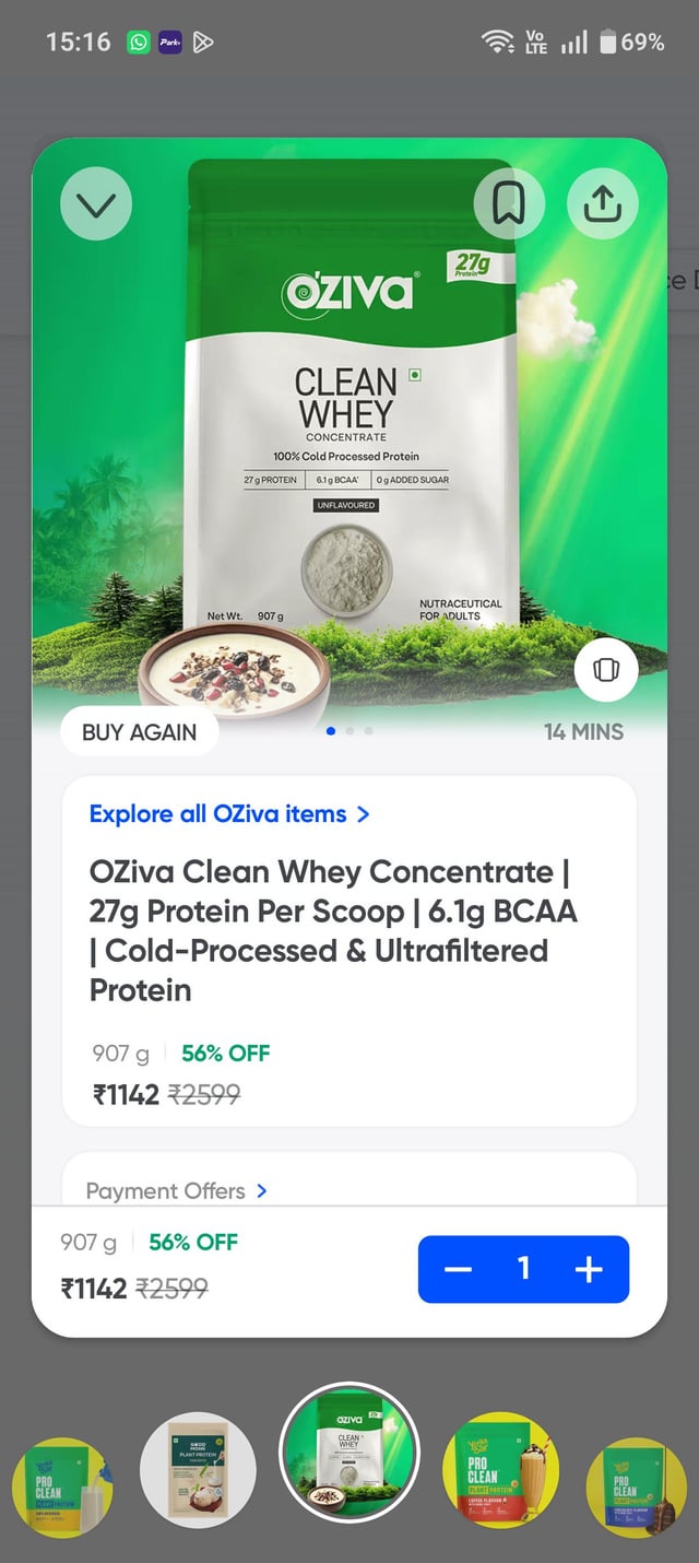Oziva unflavoured whey on Instamart : 900gm for 1142