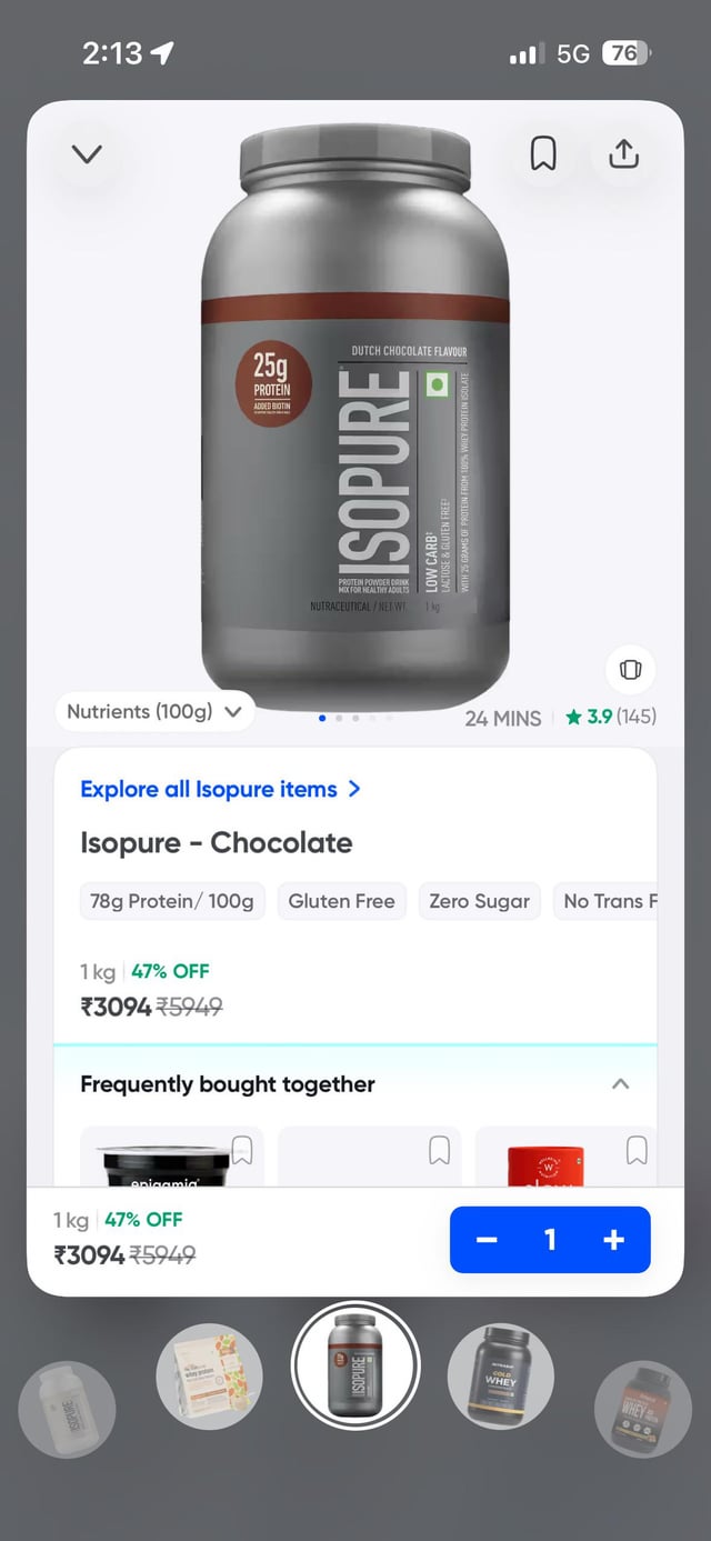 Isopure chocolate 1kg on instamart for 3100