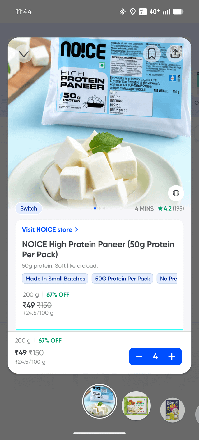 Noice 200gm protein paneer for 50rs on Instamart (401107)