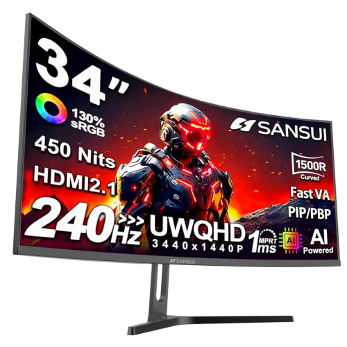 SANSUI 34 Inch Curved Monitor 240Hz UWQHD 3440×1440 Gaming Monitor