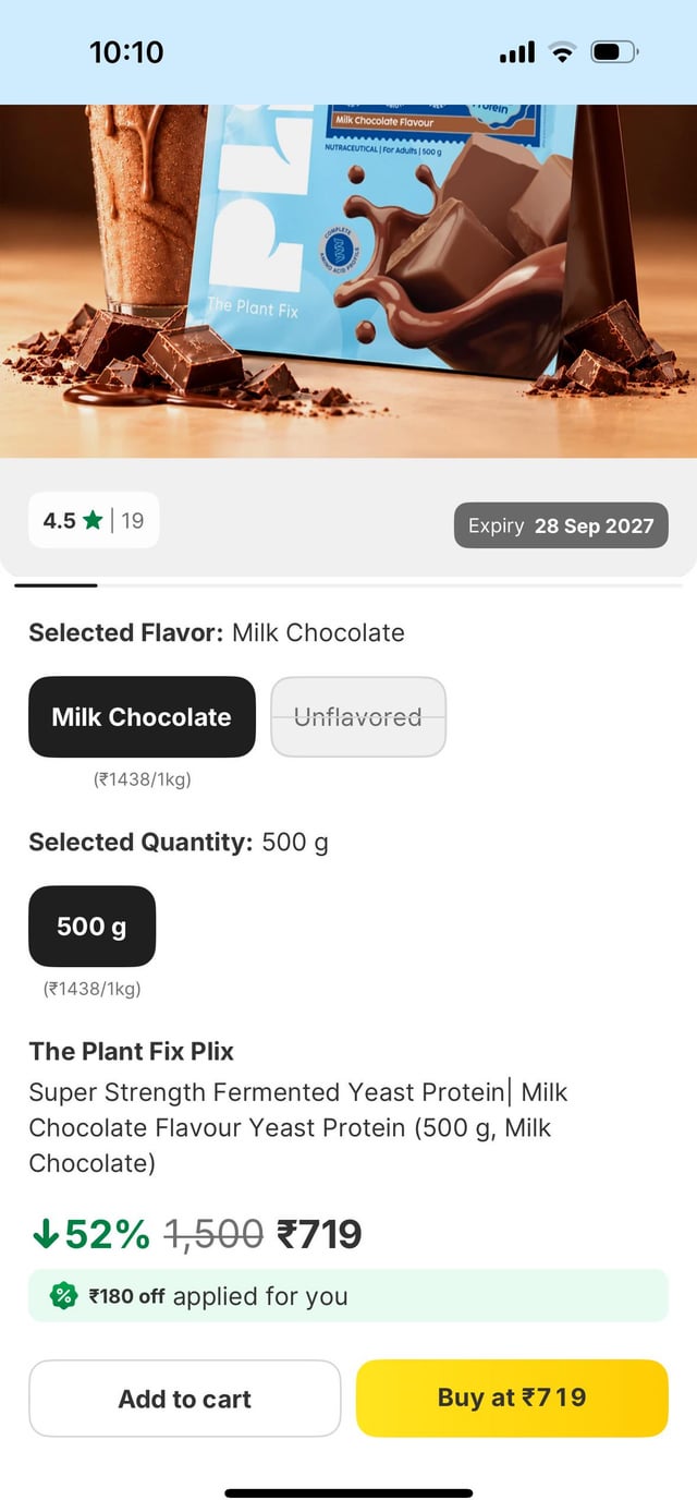 Plix Fermented yeast protein 500gm milk chocolate flavour for 719 rupees on flipkart
