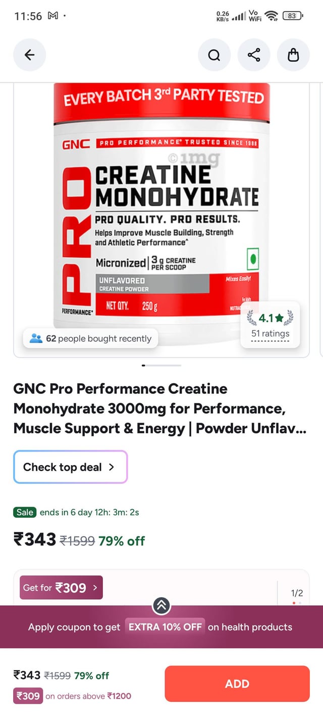 Gnc creatine unflavoured 250g for 343rs in tata 1mg