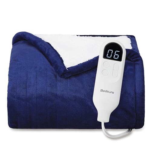 Bedsure Heated Blanket Throw, Soft Electric Blanket with Preheat, Navy