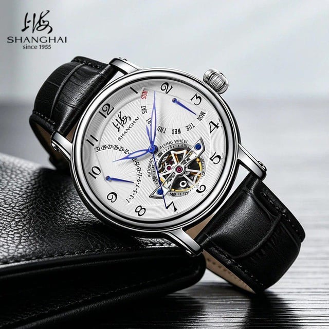 Shanghai S8924 Men’s Automatic Watch – Sapphire Crystal, Day-Date & Leather Strap