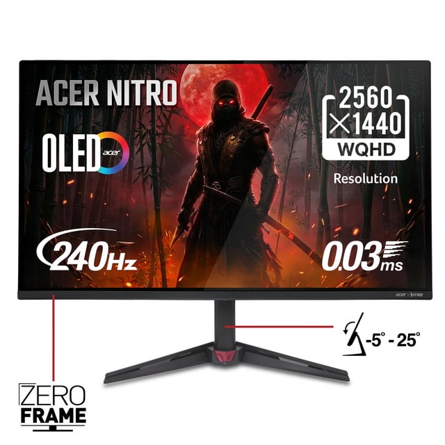 Acer Nitro 27" WQHD (2560 x 1440) QD-OLED Gaming Monitor, AMD FreeSync Premium Technology, 240Hz Refresh Rate, 0.03ms Response Time, 400nits at HDR 10%, DCI-P3 99%, Black, VG277U Xbiip