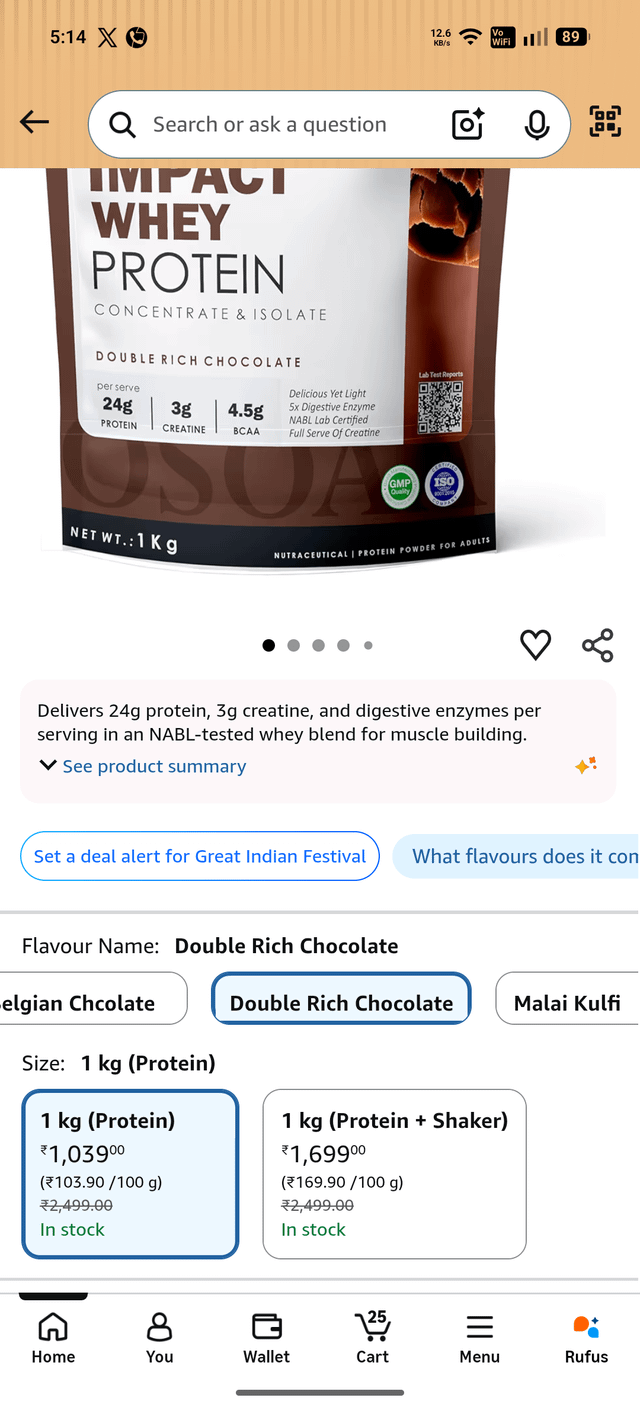 OSOAA Impacted Whey Double Rich Choclate Flavour, 1kg at just 1039 at Amazon https://amzn.in/d/0a41NZEc