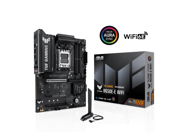 ASUS TUF GAMING B650E-E WIFI AMD AM5 B650 ATX motherboard, 8+2+1 80A DrMOS stage, DDR5, PCIe 5.0 Ready, 3x M.2, Wi-Fi 6E, 2.5 Gb LAN, DisplayPort, HDMI, USB 20Gbps Type-C, BIOS FlashBack, Aura Sync