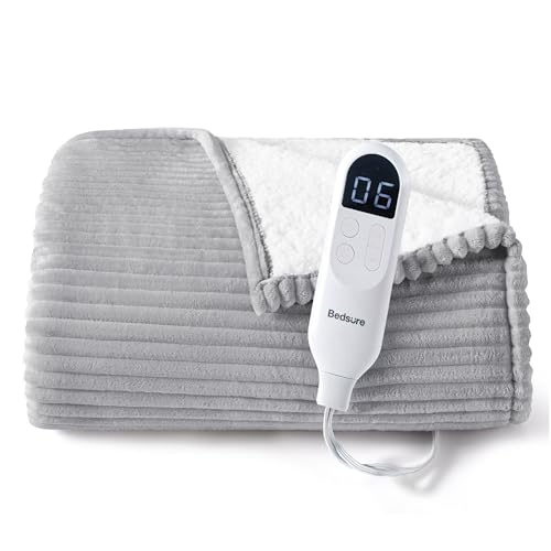 Bedsure Ribbed Heated Blanket Throw, Light Grey Electric Blanket, Preheat