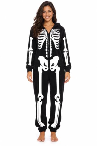 Women's Adult Onesie Skeleton Halloween Costume with Hood at