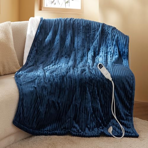 Bedsure Ribbed Heated Blanket Throw, Navy Electric Blanket, Preheat