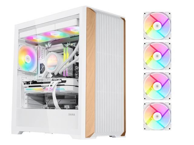 SAMA Z60 White Genuine Walnut Wood PC Case, ATX Mid Tower, Pre-Installed 4x 140mm ARGB PWM Fans, Supports 360mm Radiator, Type-C