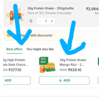 Yogabar 30 bottles, 26g protein milkshake @ ₹2074, i.e. ₹2.6/g protein