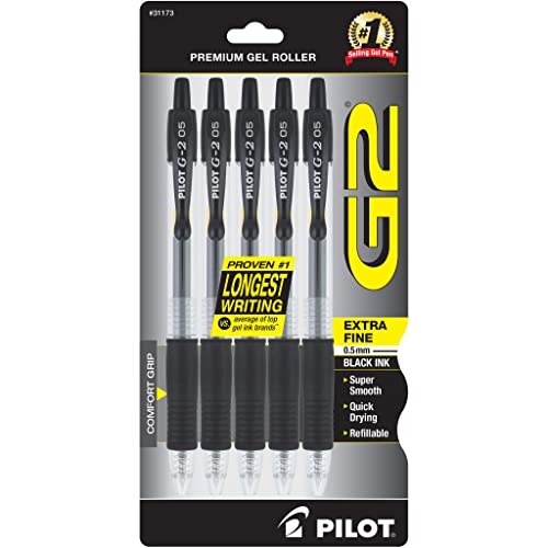 PILOT G2 Premium Gel Pens, Extra Fine Point 0.5mm, Black Ink, 5-Pack