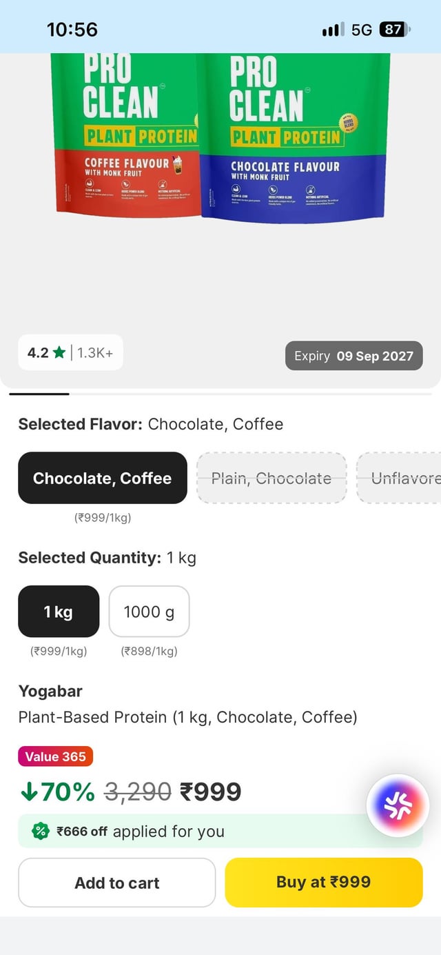 Yogabar plant protein deal 999Rs/Kg @Flipkart not location specific
