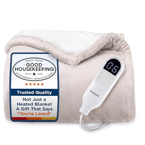 Bedsure Heated Blanket Throw, Soft Electric Blanket with Preheat, Cream
