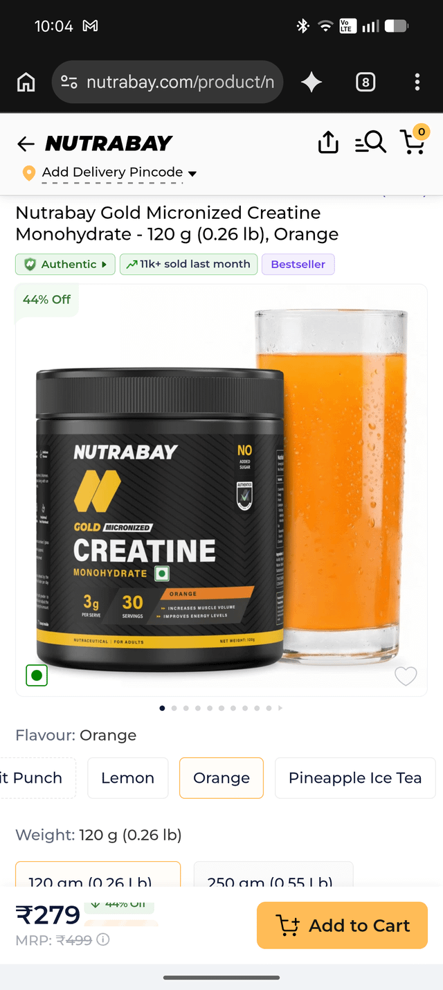 Creatine deal : nutrabay at 279 on official website for 120g