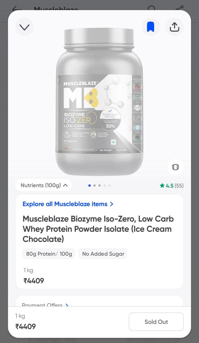 Muscle blaze isozero 1kg ₹4409 Swiggy instamart Hyderabad