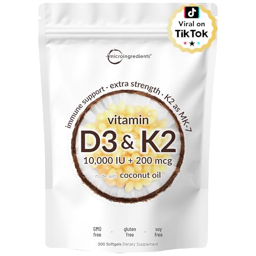 Micro Ingredients Vitamin D3 K2 MK-7 10,000 IU Per Serving, 300 Softgels