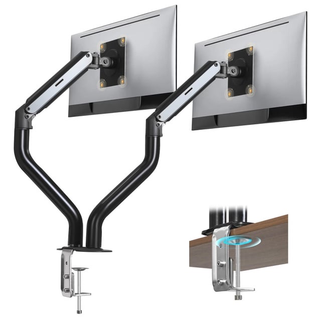 MAYEERTY Dual Gas Spring Monitor Mount, Adjustable Desk Mount for 15-32 inch Screens, Clamp-on, Black
