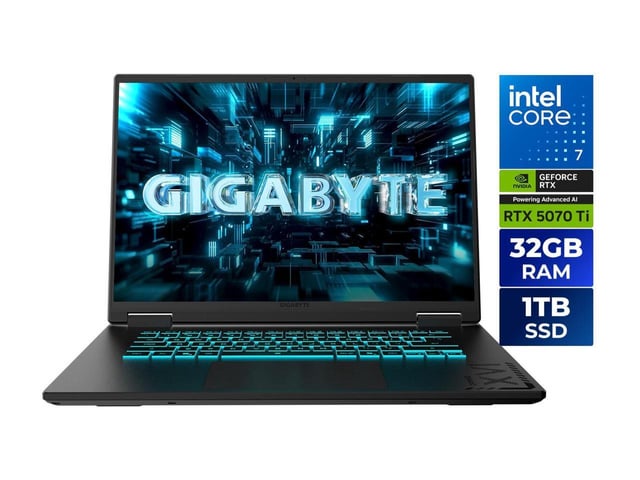 GIGABYTE Gaming A16 Pro Gaming Laptop, 16" IPS 165Hz Display, Intel Core 7 240H, NVIDIA® GeForce RTX™ 5070 Ti, 16GB x 2 (32GB) RAM, 1TB SSD, Titanium Black, Now