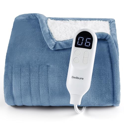 Bedsure Heated Blanket Throw, Soft Electric Blanket with Preheat, Blue