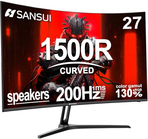 SANSUI 27 Inch Curved Gaming Monitor 200Hz 1ms with Speakers FHD 1080P