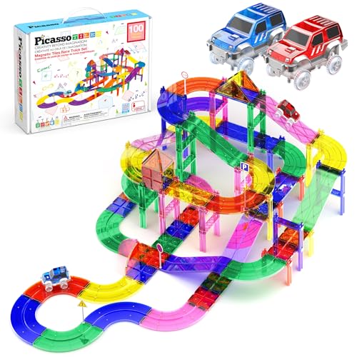 PicassoTiles 100 Piece Magnetic Tiles Race Track Toy Creative Building Set