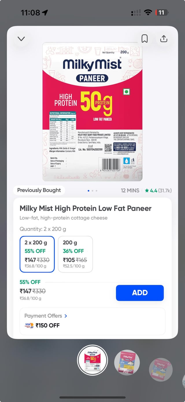 🟢 DEAL Milky Mist Paneer 2x200g at 147 on Instamart Delhi