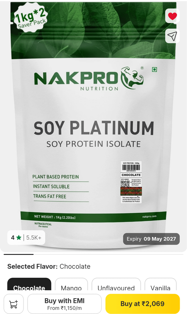 Nakpro soy isolate 2kg for 2000. Flipkart
